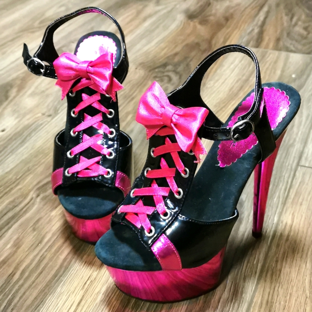 Ellie Black Patent & Hot Pink Platform Stilettos with Corset Detail and Bow, Sz5